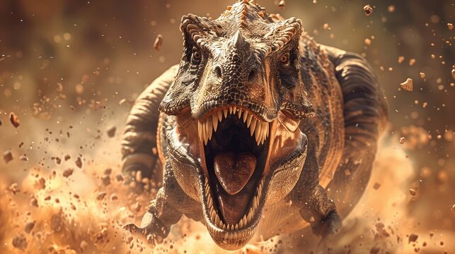 A powerful 3D dinosaur roars on a bright brown background, its rugged design and dynamic motion impressing the eye