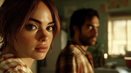 Intense portrait of a woman with freckles and a man in the background