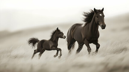 Obraz premium A majestic mare and her lively foal galloping through a windswept meadow, embodying freedom and vitality.