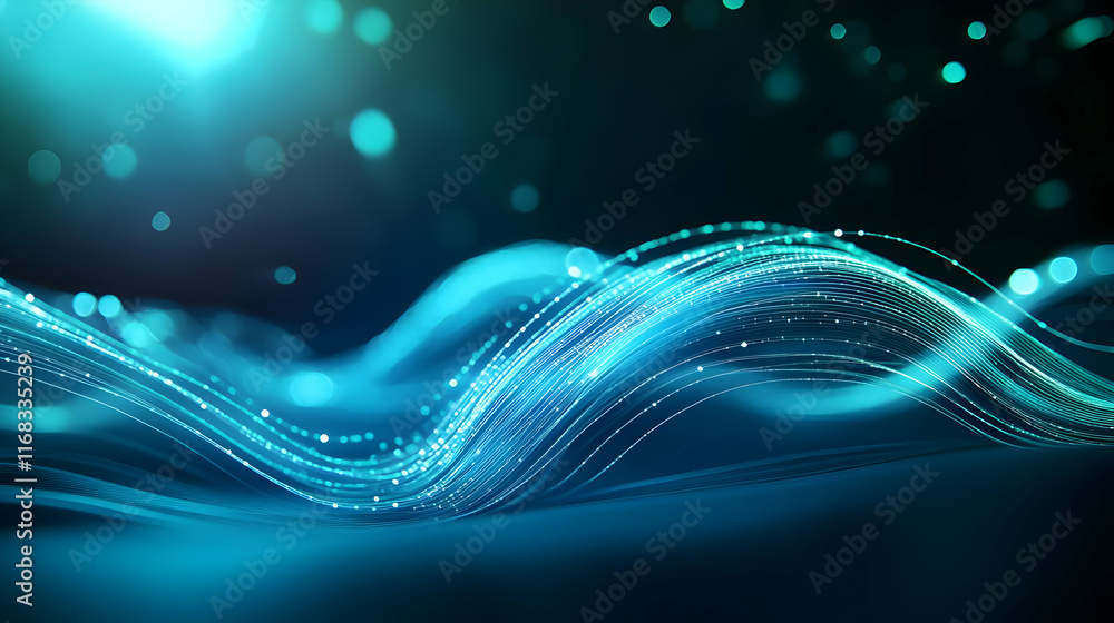 Poster a mesmerizing abstract background of flowing digital waves with blue hues and glowing particles.