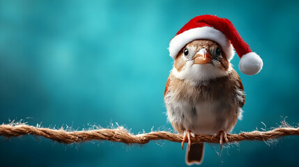 A cheerful bird wearing a Santa hat perched on a rope against a soft blue background, perfect for festive themes.