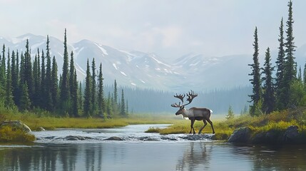 A caribou crossing a shallow river in a northern wilderness, surrounded by distant pine trees and rugged hills