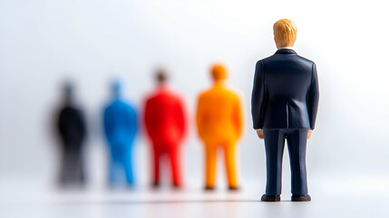 A plastic figurine stands in front of colorful silhouettes, representing diversity and choice in a corporate environment.