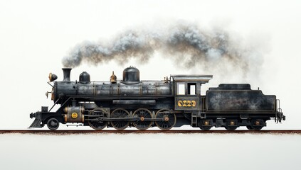 Vintage steam locomotive train emitting smoke on tracks against white background.