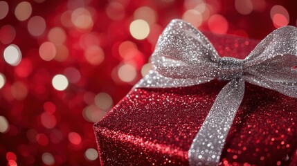 A beautifully wrapped gift box adorned with a shimmering ribbon set against a vibrant red background