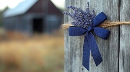 A charming lavender bow adorns rustic wood capturing essence farm life natural