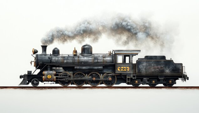 Vintage steam locomotive train emitting smoke on tracks against white background.