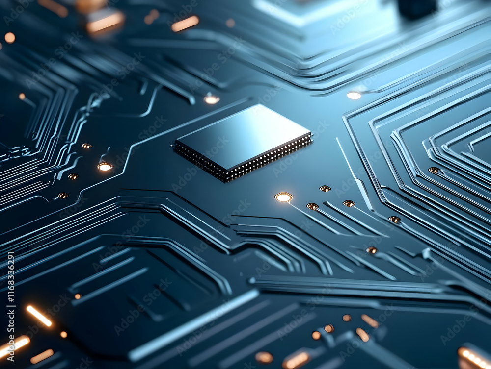 Poster a close-up view of a computer chip on a circuit board, showcasing intricate electronic design and mo