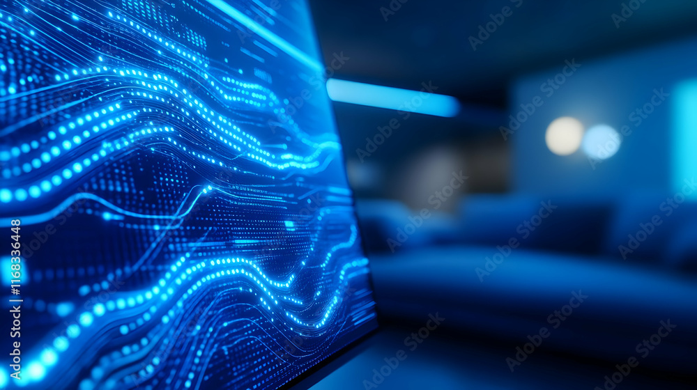 Poster a close-up view of a screen displaying dynamic blue digital lines, representing data flow and techno