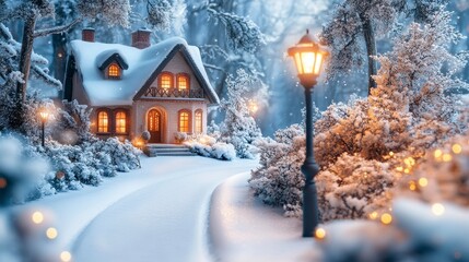 Cozy snow-covered house with warm lights on a snowy path at night.