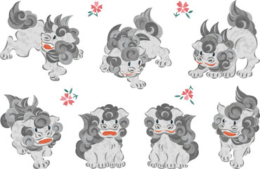 色んなポーズをした神社の狛犬のイラスト　走る　歩く　座る　