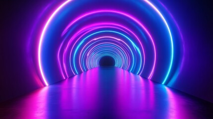 Naklejka premium A vibrant, illuminated tunnel featuring concentric rings of pink and blue light, creating a surreal and immersive experience.