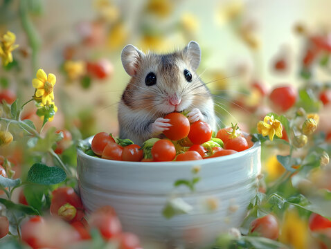 A cute hamster enjoying cherry tomatoes in a vibrant garden filled with colorful flowers.