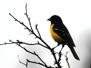 Fototapeta premium A striking bird perched on a branch, showcasing vibrant yellow and black feathers against a soft background.