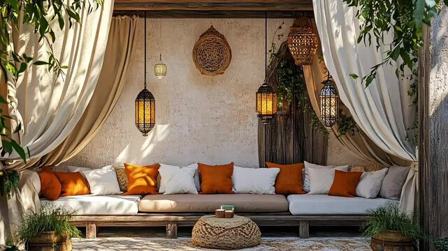 A cozy sitting area in a Moroccan Riad, with comfortable cushions and decorative lanterns, evoking a sense of relaxation and luxury