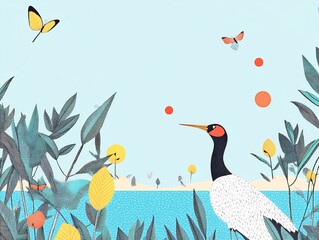 Fototapeta premium Serene Bird Illustration: A Calmly Crafted Digital Painting in a Whimsical Style. AI Generated