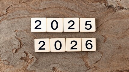 years 2025 and 2026 on a textured wooden background.
