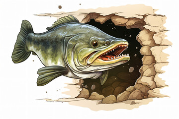 Fish Portraite of Happy surprised funny Animal head peeking watercolor handmade style Illustration