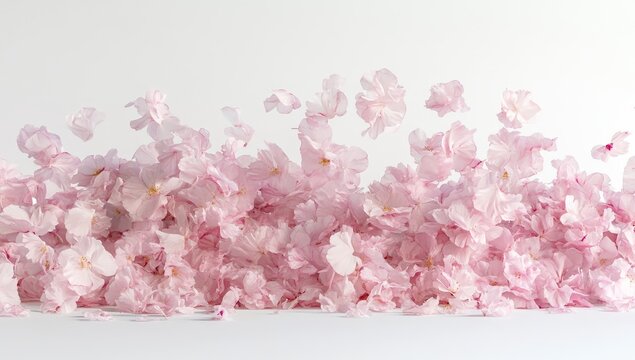 Pink cherry blossoms falling and piled on white background.