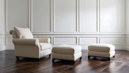 Empty white classic wall background, brown parquet floor, home furniture detail
