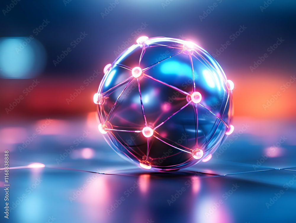 Poster a futuristic 3d sphere with glowing connections, symbolizing advanced technology and digital network