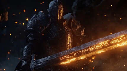 Dark Knight Holding Glowing Runed Greatsword