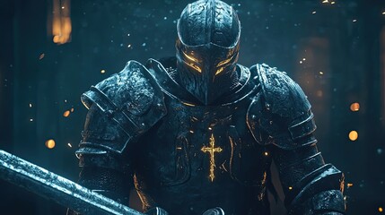 Naklejka premium Dark Knight Armored Warrior Holding a Sword