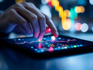 Fototapeta premium A hand interacting with a digital tablet displaying colorful data visualizations and analytics at night.