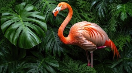 Fototapeta premium A vibrant flamingo stands among lush green foliage, showcasing nature's beauty.