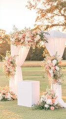 A floral wedding arch set up for a ceremony during sunset in a picturesque outdoor setting.