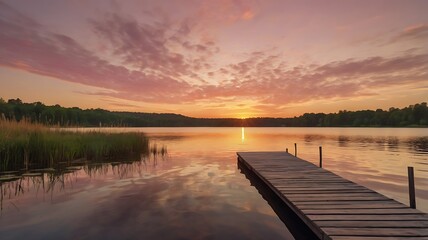 Obraz premium sunset on the lake, A scene of a calm lake reflecting the orange and pink hues of the sunrise, with a lone wooden dock stretching into the water