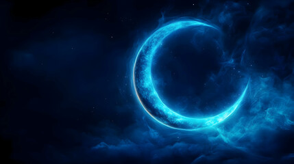 A mesmerizing blue crescent moon surrounded by dark, swirling clouds in a night sky.