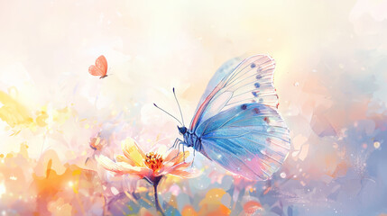 beautiful butterfly on flower, surrounded by pastel colors and soft light