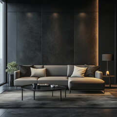 Contemporary Dark Home Interior with a 3D-Rendered Mock-Up Wall Background, Perfect for Design and Decoration Concepts modern living room