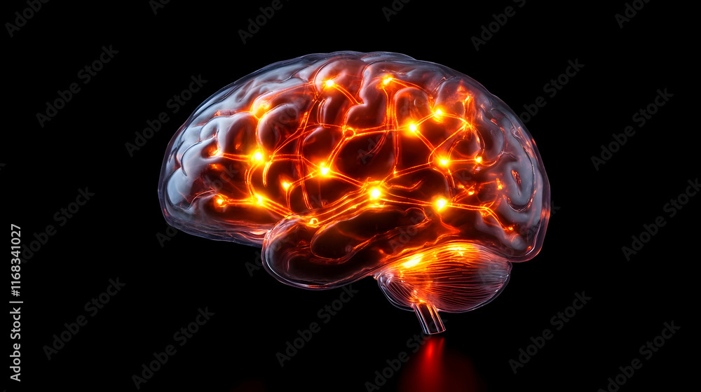 Poster a vibrant digital brain symbolizing creativity and innovation, illuminated with glowing neural pathw