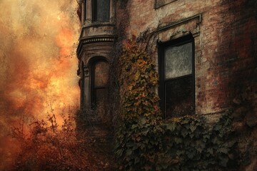 Fototapeta premium An old brick building, overgrown with ivy, set against a fiery sunset.