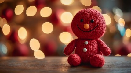 Obraz premium Crimson Plush Toy with Quirky Design Sitting on Snowy Background