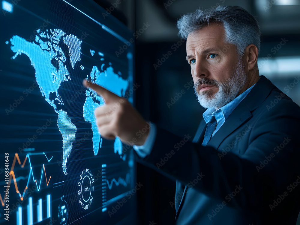 Poster a professional man analyzing global data on a touchscreen interface in a modern office setting.