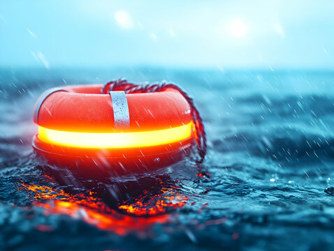 A vibrant lifebuoy floats in rough waters, symbolizing safety and rescue amidst stormy conditions.