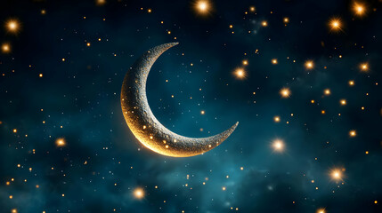 Fototapeta premium A serene crescent moon shines brightly in a starry night sky, creating a magical and tranquil atmosphere.