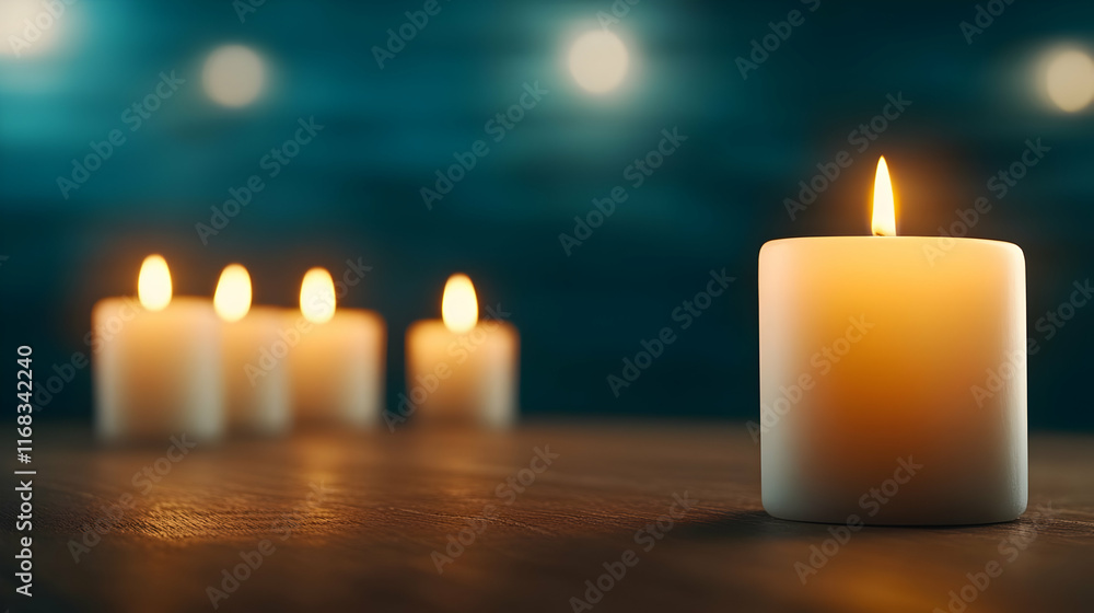 Poster a serene view of lit candles on a wooden table, creating a warm atmosphere in a dimly lit setting.
