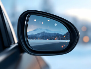 Fototapeta premium A serene winter landscape reflecting in a car's side mirror, showcasing nature's beauty and travel inspiration.