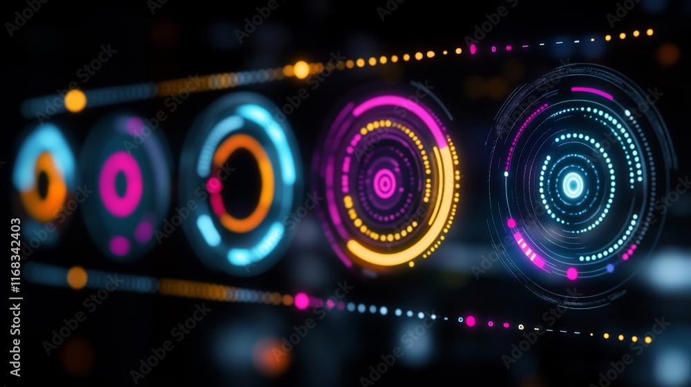 Poster abstract futuristic technology interface with glowing circles and data.