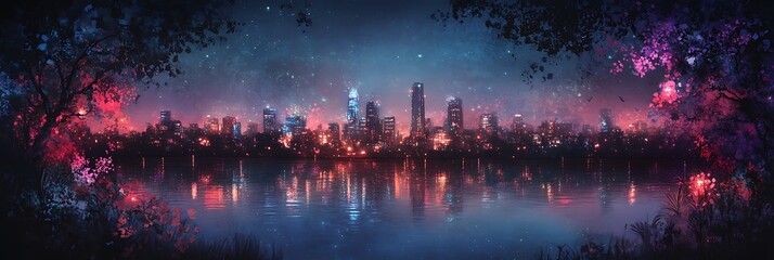 Fototapeta premium cityscape glow view with futuristic themes and illuminated urban silhouettes 