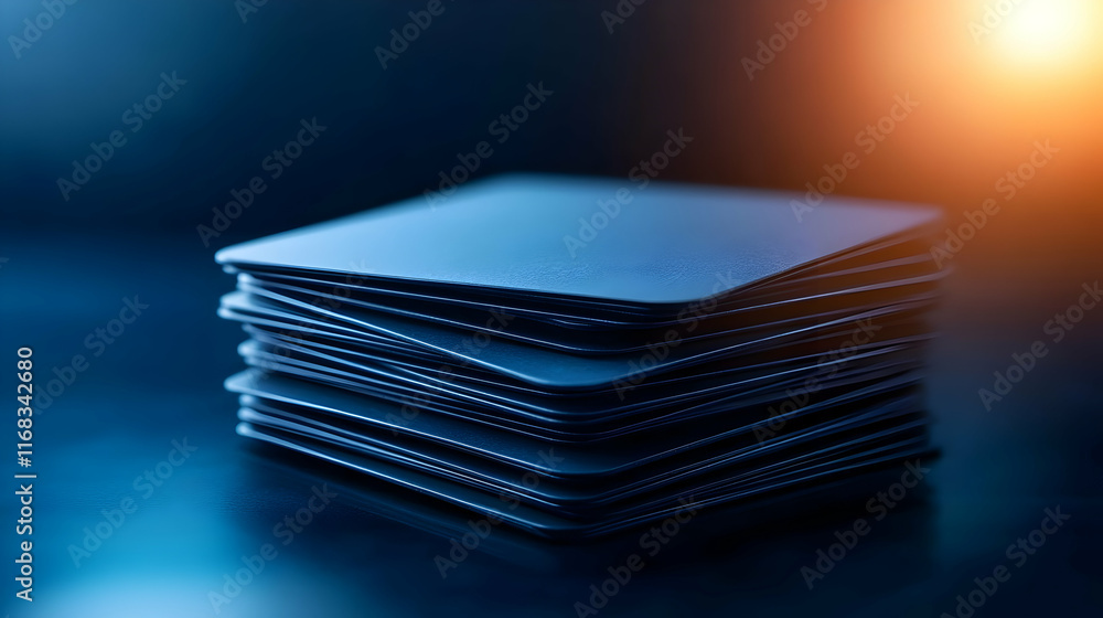 Poster a stack of sleek, modern coasters resting on a dark surface, illuminated with warm light, creating a
