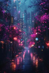 Obraz premium panoramic urban glow with vibrant elements and glowing futuristic pathways 