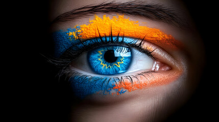 Fototapeta premium A striking close-up of an eye adorned with vibrant blue and orange face paint, showcasing intense emotion and creativity.