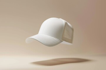 White baseball cap floating against a beige background.