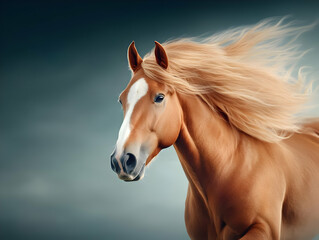 Obraz premium A stunning close-up of a golden horse with flowing mane, captured against a dramatic background.