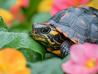 Obraz premium A vibrant tortoise resting on lush green leaves surrounded by colorful flowers, showcasing nature's beauty.